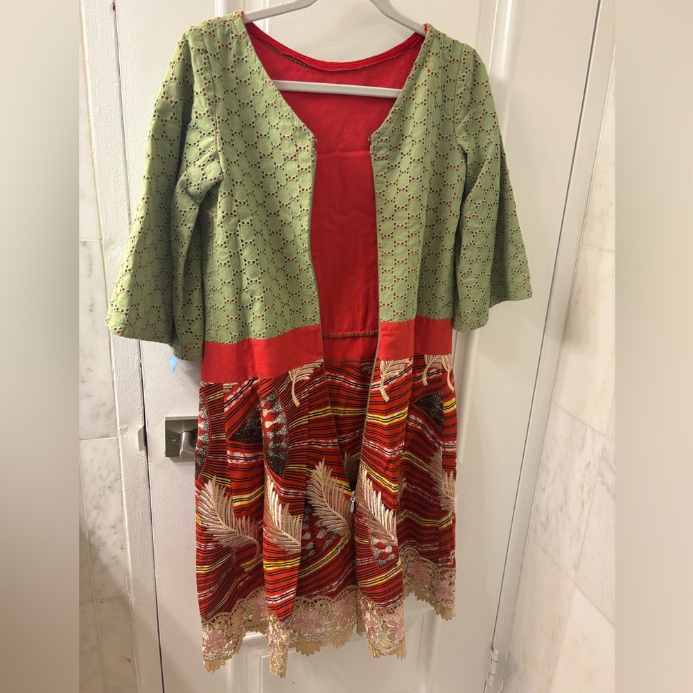 Handmade Sage Green & Bright Red Patterned Dress - Picture 4 of 7